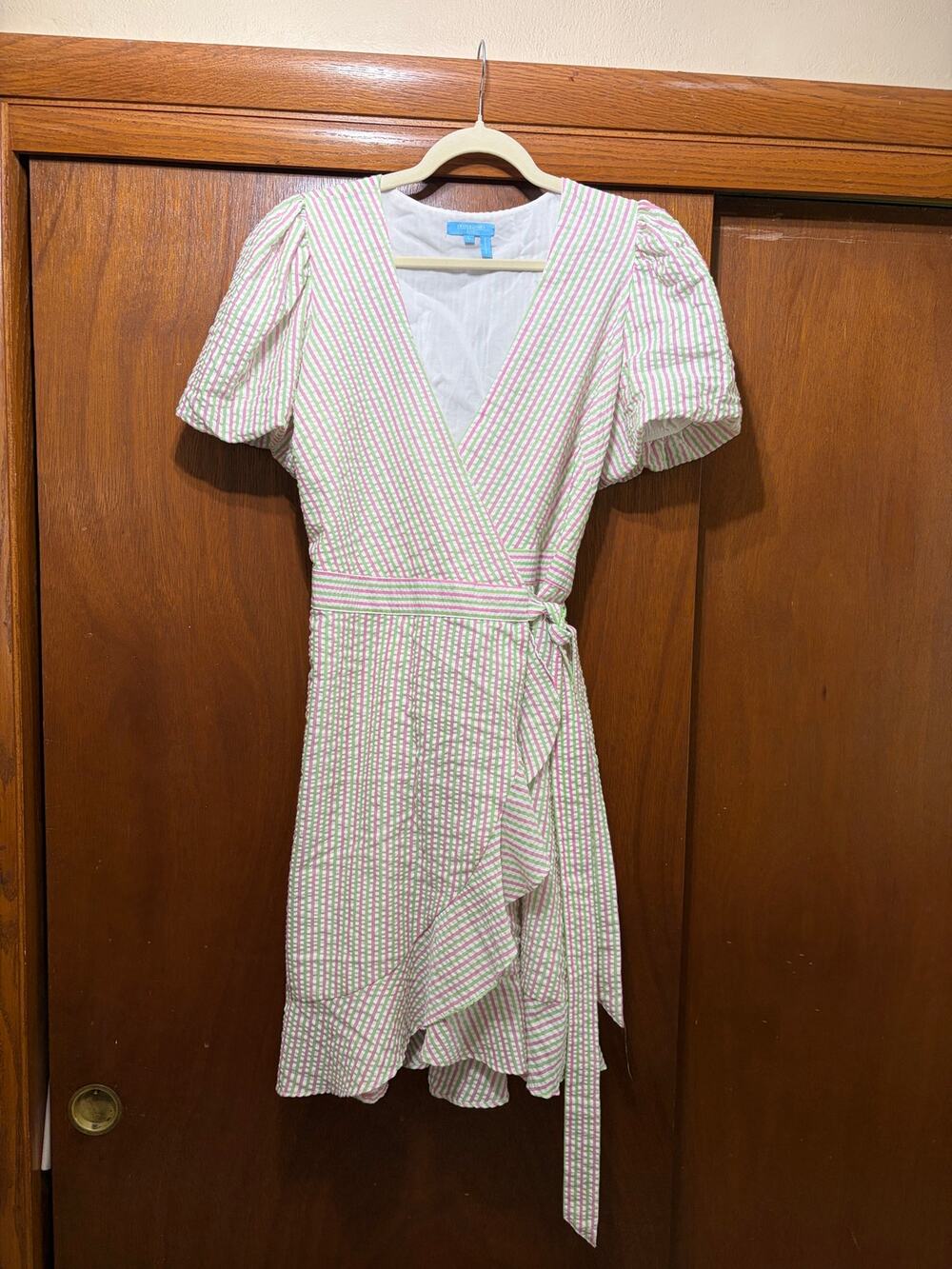 Draper James RSVP Seersucker Wrap Dress Pink Green Puff Sleeve Women's L